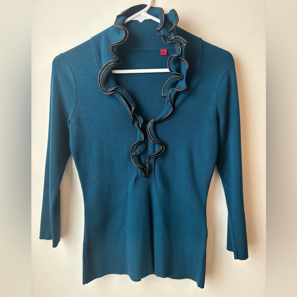 Teal Ruffled Sweater Top Size-S Great Condition Material is Stretchy.
